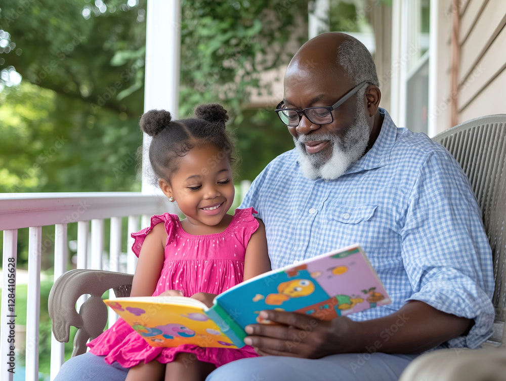 Black grandfather reading a children's book with his smiling granddaughter on the porch Black grandfather reading a children's book with his smiling granddaughter on the porch
