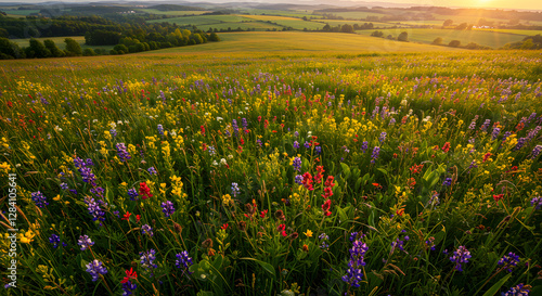 field of wildflowers blooming in spring vibrant colors sunny meadow scenic vista