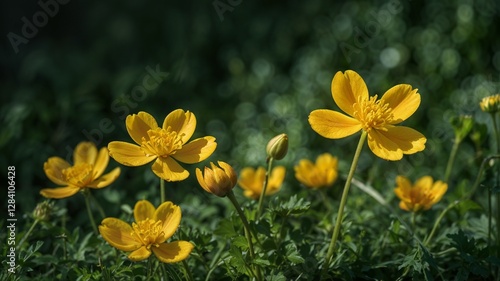 Yellow flowers of celandine on dark green blurred grass backgroun