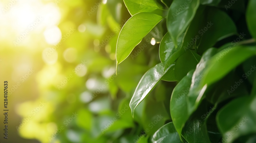 Close up view of vibrant green leaves with soft sunlight illuminating the background creating a serene atmosphere : Generative AI Close up view of vibrant green leaves with soft sunlight illuminating the background creating a serene atmosphere : Generative AI