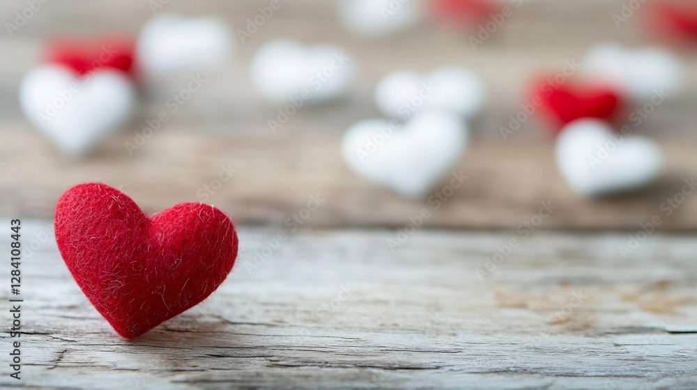 Fototapeta premium Cute Red and White Felt Hearts on Rustic Wooden Surface Creating a Sweet Ambiance : Generative AI