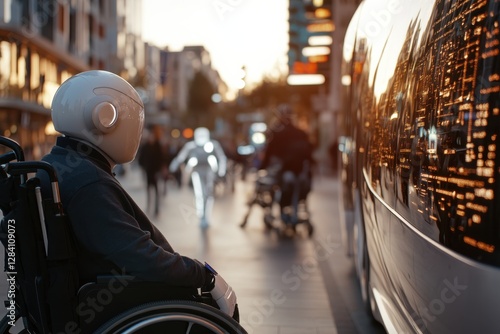 Wallpaper Mural A robotic assistant supports an individual in a wheelchair while observing the bustling city life, emphasizing the integration of technology for inclusivity and accessibility. Torontodigital.ca