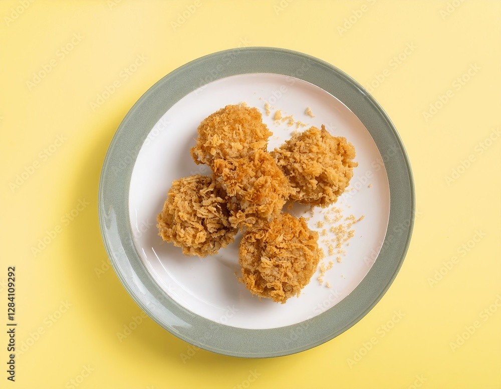 Breaded onion rings served on white plate with yellow background Breaded onion rings served on white plate with yellow background