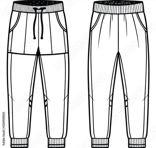 Flat activewear fashion unisex trouser joggers jeans cargo pants apparel front and back views, CAD design, mock-up, template, vector, clothing, technical drawing, fashion, illustration, line art.