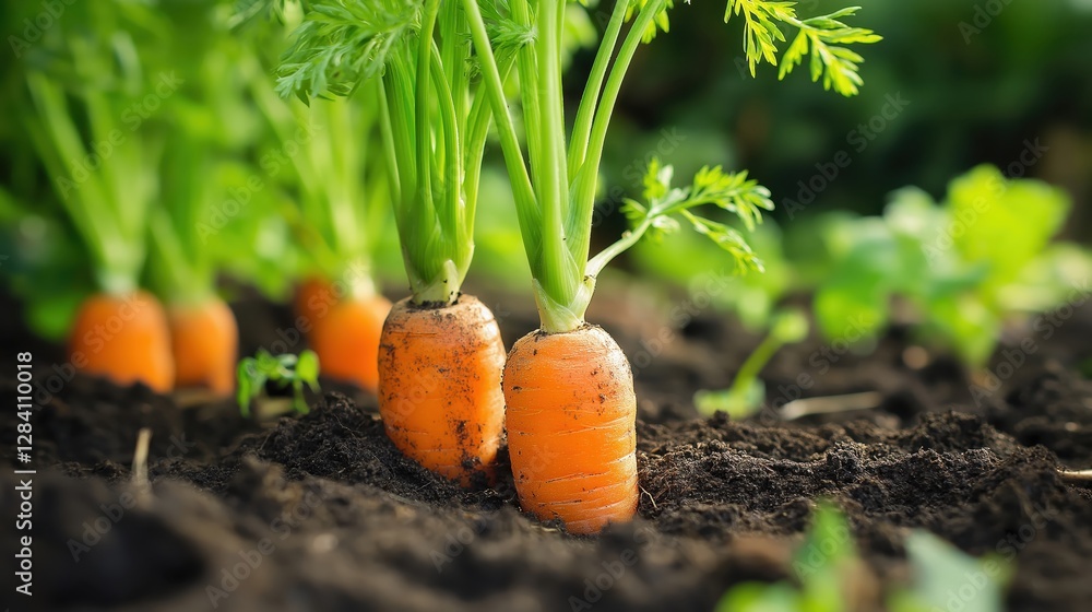 Neatly arranged rows of carrots growing in soil Neatly arranged rows of carrots growing in soil