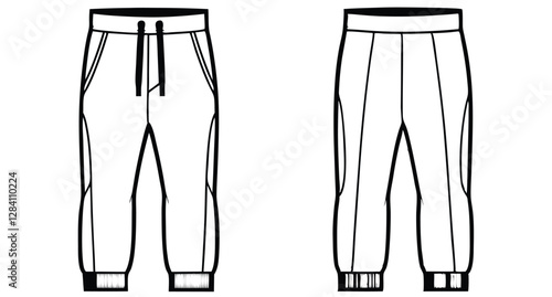 Flat activewear fashion unisex trouser joggers jeans cargo pants apparel front and back views, CAD design, mock-up, template, vector, clothing, technical drawing, fashion, illustration, line art.