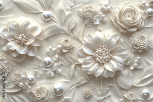 Elegant 3D floral wallpaper, cream roses and pearls, textured background, home decor