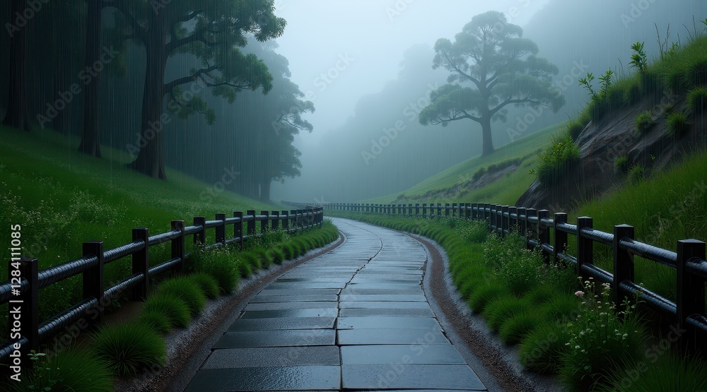 Fototapeta premium A quiet rain-soaked pathway lined with wooden fences, leading into a misty, lush landscape, ideal for relaxation, travel, and meditative themes