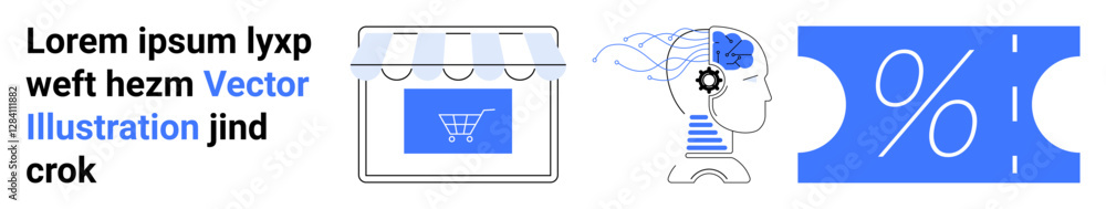 Digital storefront with shopping cart, customer head with gears and brain art, discount coupon percentage icon. Ideal for e-commerce, retail strategy, customer analytics, discounts, tech integration Digital storefront with shopping cart, customer head with gears and brain art, discount coupon percentage icon. Ideal for e-commerce, retail strategy, customer analytics, discounts, tech integration