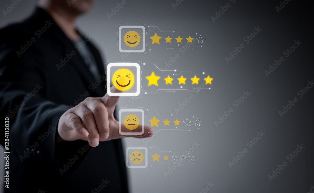Concept of satisfaction and customer service. : Business man use use laptop touching or pressing the virtual screen Five score and five star to show satisfaction with the service or give rate. Concept of satisfaction and customer service. : Business man use use laptop touching or pressing the virtual screen Five score and five star to show satisfaction with the service or give rate.