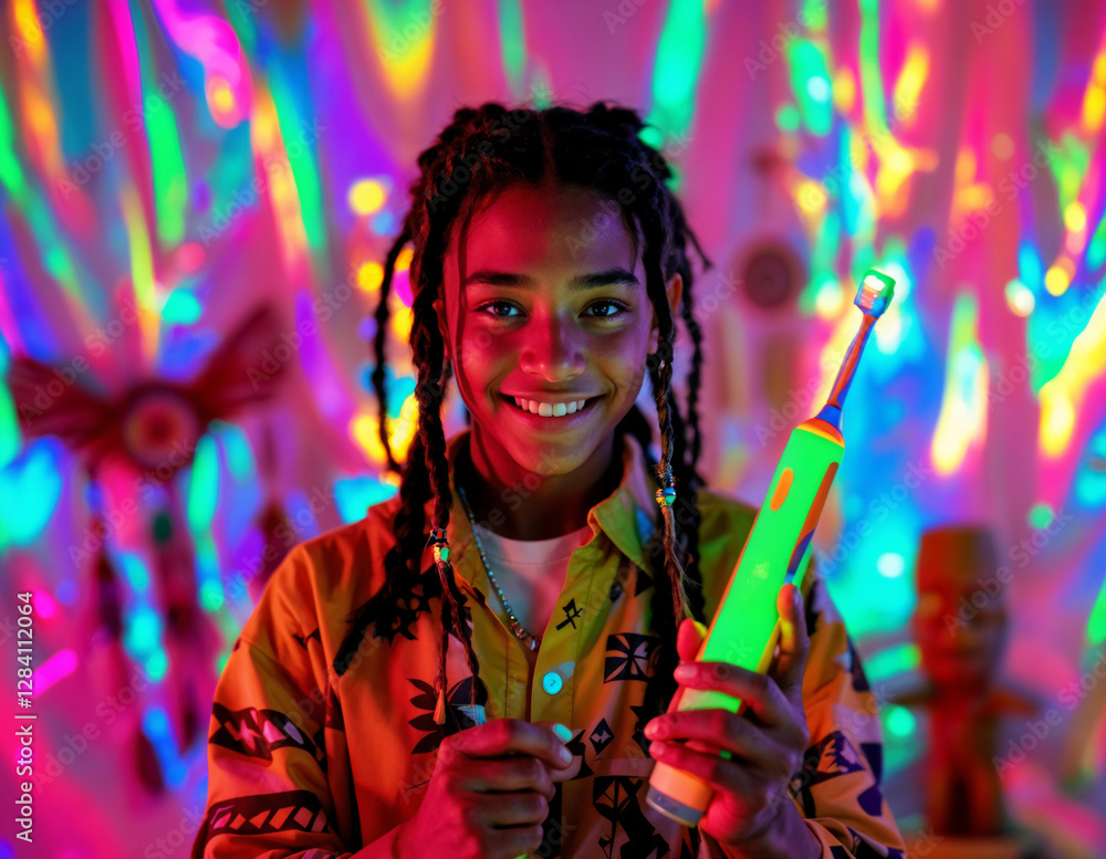 Obraz premium Portrait of afro american girl with dreadlocks holding toothbrush in neon light. Bright Smile Bright Lights
