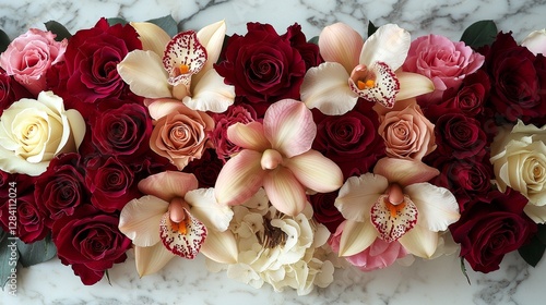 Floral arrangement display elegant event image composition indoor setting top view beauty concept