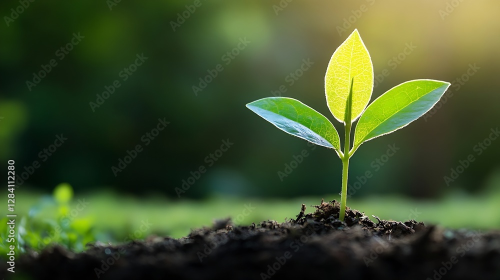 Fototapeta premium Newly Sprouted Green Plant Emerging From NutrientRich Soil Under Soft Morning Light : Generative AI