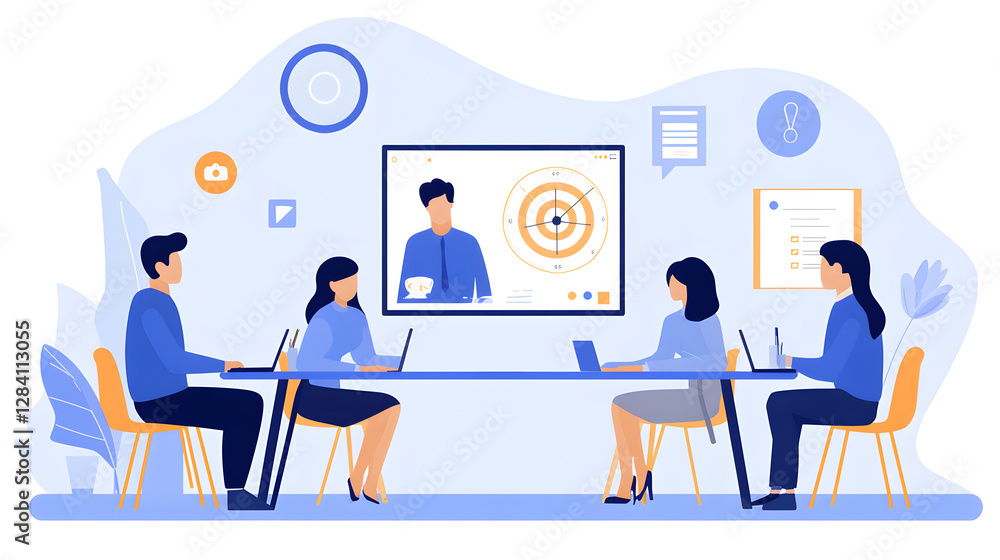 A flat illustration of an online meeting with four people sitting at a table and one person on screen
A flat illustration of an online meeting with four people sitting at a table and one person on screen