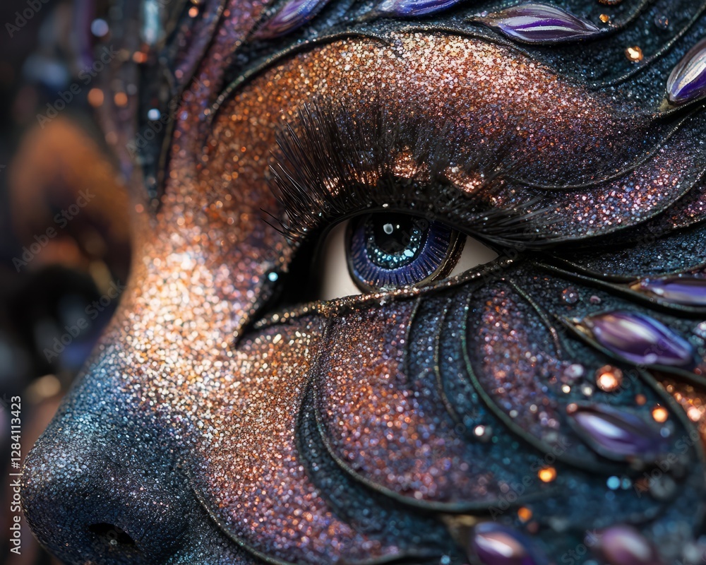 Close-up of an intricately designed Venice Carnival mask, glittering details and vibrant hues Close-up of an intricately designed Venice Carnival mask, glittering details and vibrant hues