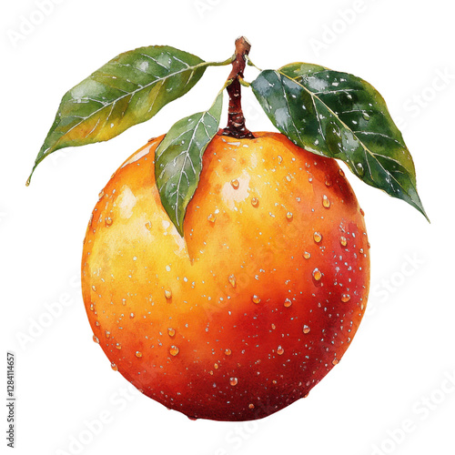 watercolor peach with leaves and water droplets on white background