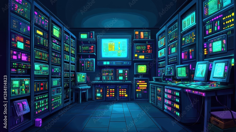 Pixel Art Server Room Interior with Neon Lights and Vintage Computer Monitors Displaying Data Pixel Art Server Room Interior with Neon Lights and Vintage Computer Monitors Displaying Data