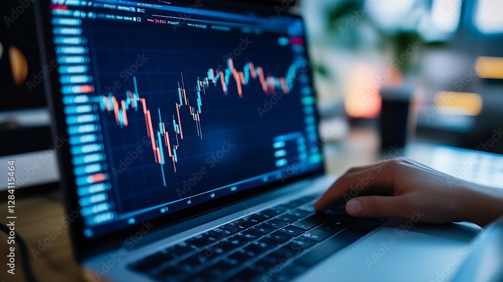 Close up of laptop screen displaying financial market trends and vibrant stock charts with focused hand : Generative AI Close up of laptop screen displaying financial market trends and vibrant stock charts with focused hand : Generative AI