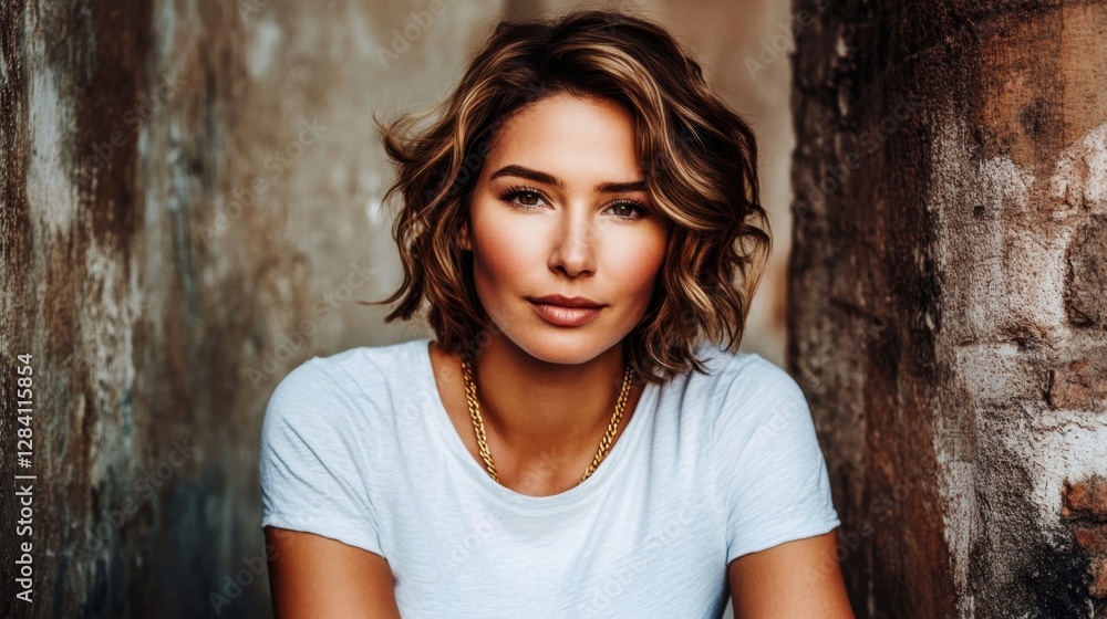 Charming Woman Portrait With Wavy Bob Haircut in White T shirt Against Rustic Wall Charming Woman Portrait With Wavy Bob Haircut in White T shirt Against Rustic Wall