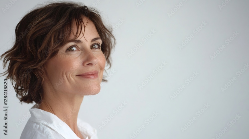 Smiling mature woman looking away on white background Smiling mature woman looking away on white background