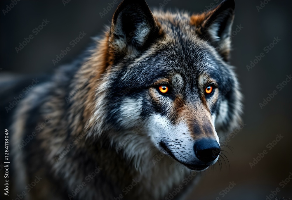 Fototapeta premium Majestic Wolf Portrait with Glowing Eyes in Dark Forest