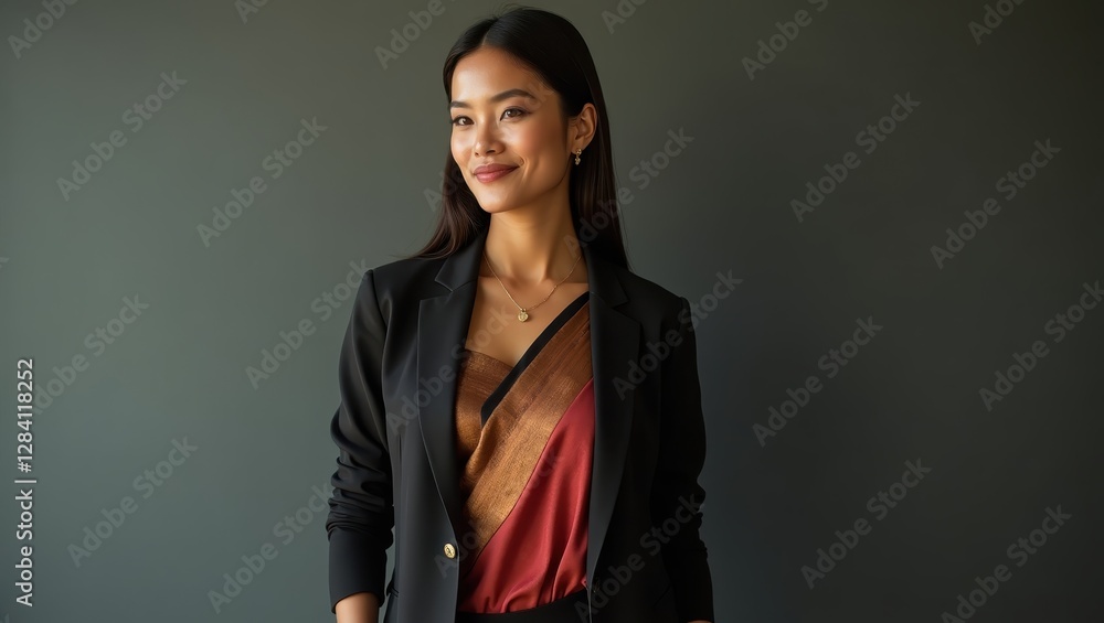 Fusion of Traditional and Modern Fashion in a Stylish Portrait of a Young Woman in a Contemporary Setting Fusion of Traditional and Modern Fashion in a Stylish Portrait of a Young Woman in a Contemporary Setting