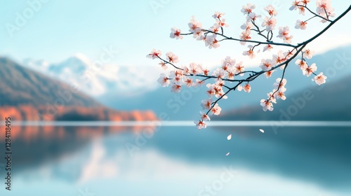 Spring  Tranquil Lake Reflection with Blossoming Cherry Branches Gentle Petals Floating in Water Scene photo