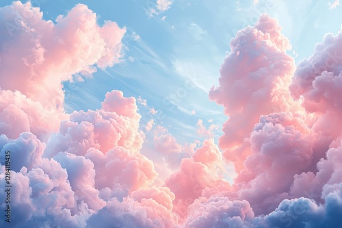 A dreamy panorama of pastel pink clouds against a soft blue sky, creating a serene and ethereal atmosphere with billowy formations and gentle sunlight.