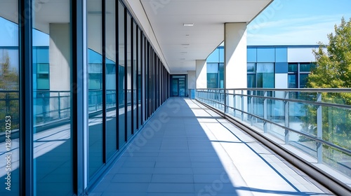 Modern Architectural Design of a Bright Corridor with Large Windows and Glass Balustrade   Generative AI