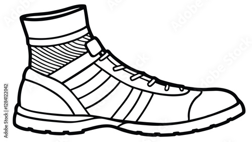 Flat casual boot, shoe with sock line art, icon, sign, vector, mockup, template, technicalCAD drawing, fashion, illustration