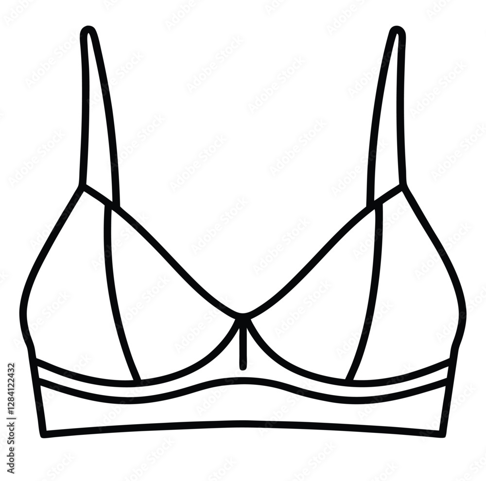 Flat casual woman designer bra, under garment, inner, bikini, line art, icon, sign, vector, mockup, template, technicalCAD drawing, fashion, illustration