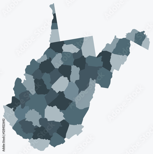 Map of West Virginia with counties. Just a simple state border map with county division. Blue grey color palette. Flat State of West Virginia shape with administrative division. Vector illustration.