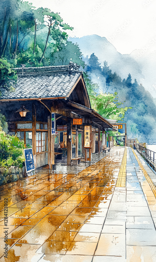 Fototapeta premium Painting of a beach with a wooden bench and a row of lanterns.