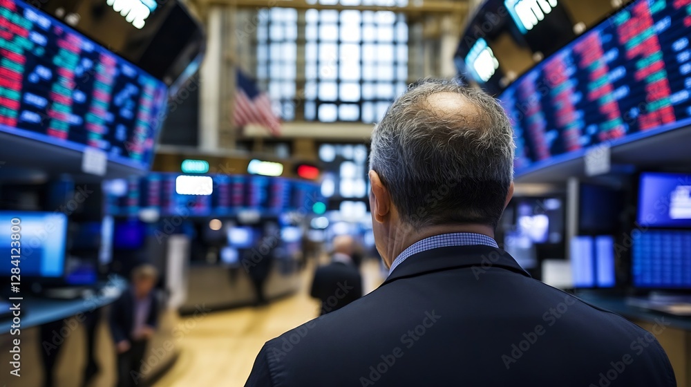 Focused businessman examining financial market data in a bustling stock exchange environment : Generative AI Focused businessman examining financial market data in a bustling stock exchange environment : Generative AI