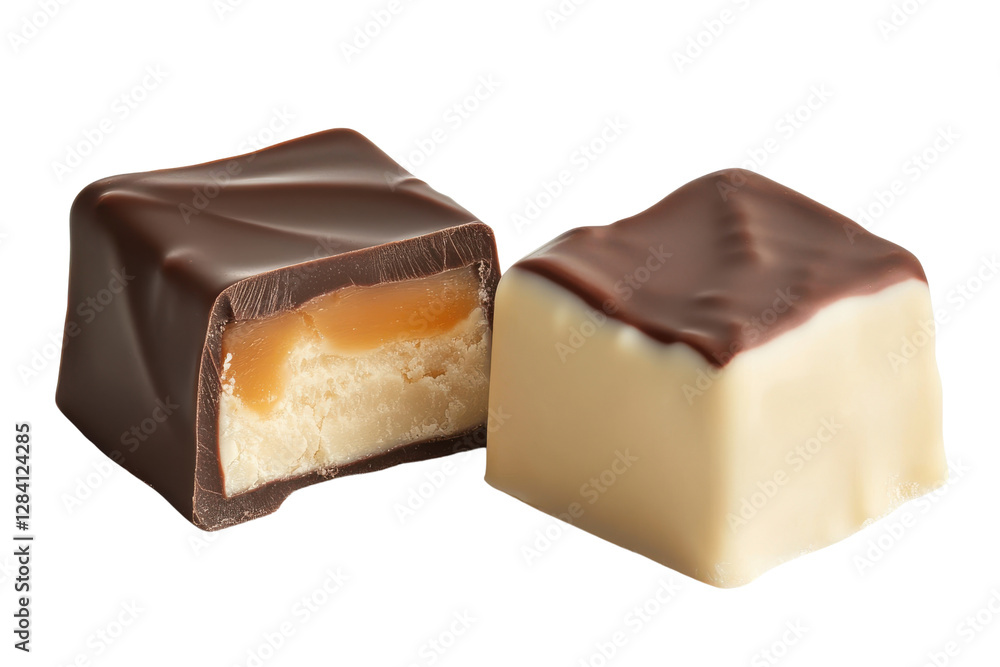 Delectable Duo: A close-up captures two exquisite chocolate confections, one artfully cut to reveal a luscious caramel core. isolated on transparent Delectable Duo: A close-up captures two exquisite chocolate confections, one artfully cut to reveal a luscious caramel core. isolated on transparent