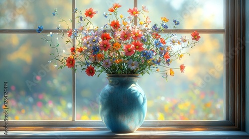 Vibrant wildflower bouquet in a sunlit window nature photography home environment cozy viewpoint