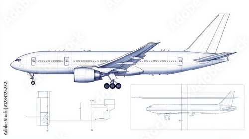 A technical drawing of an airplane, showcasing its side profile, dimensions, and structural details, emphasizing design and aerodynamics.