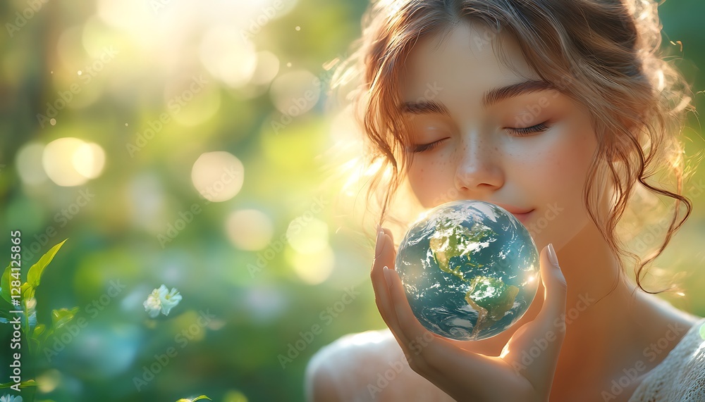 Fototapeta premium Person Holding a Crystal Orb in a Sunlit Forest Surrounded by Greenery