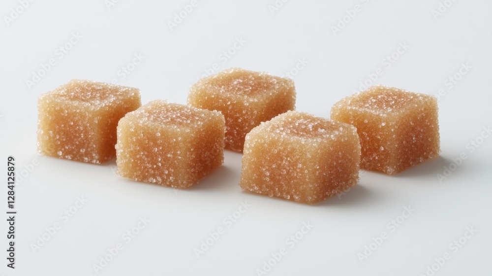 Five Brown Sugar Cubes Arranged on a White Surface with Soft Lighting Five Brown Sugar Cubes Arranged on a White Surface with Soft Lighting