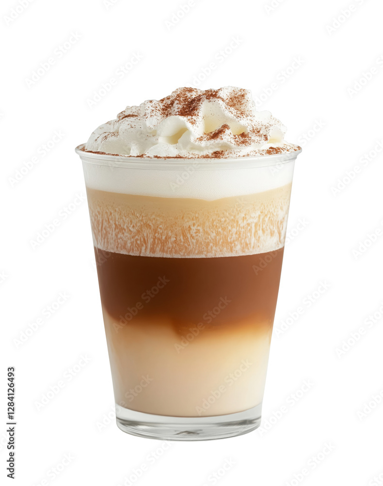 Creamy coffee delight layered in a glass with whipped cream and cinnamon on transparent background Creamy coffee delight layered in a glass with whipped cream and cinnamon on transparent background