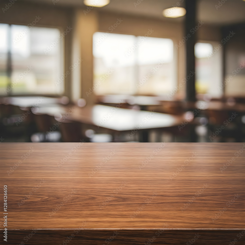 Smooth, dark wood table overlooking a bright, spacious, and blurred cafeteria or dining hall with large windows Smooth, dark wood table overlooking a bright, spacious, and blurred cafeteria or dining hall with large windows
