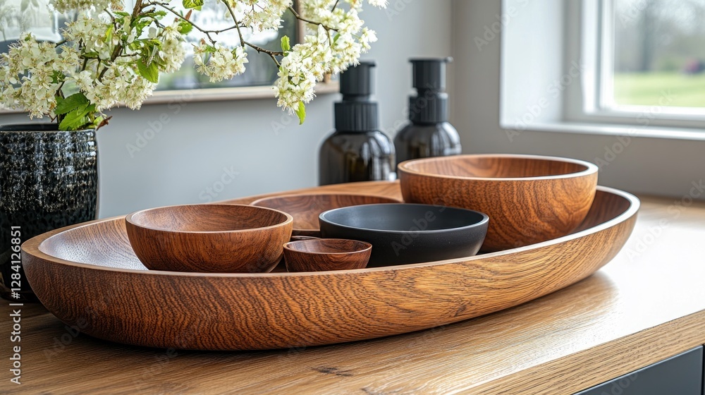 Wooden bowls, tray, floral display, modern interior Wooden bowls, tray, floral display, modern interior