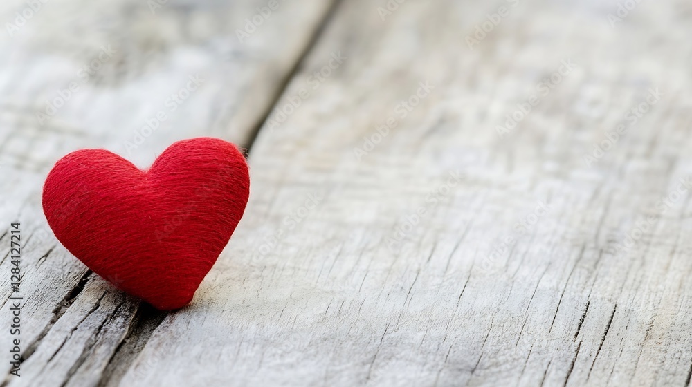 Fototapeta premium Charming closeup of a soft red heart made from fabric resting on weathered wooden surface : Generative AI