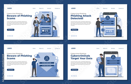 Set of landing page template Cybercrime phishing concept illustrating online fraud, identity theft, and digital security threats