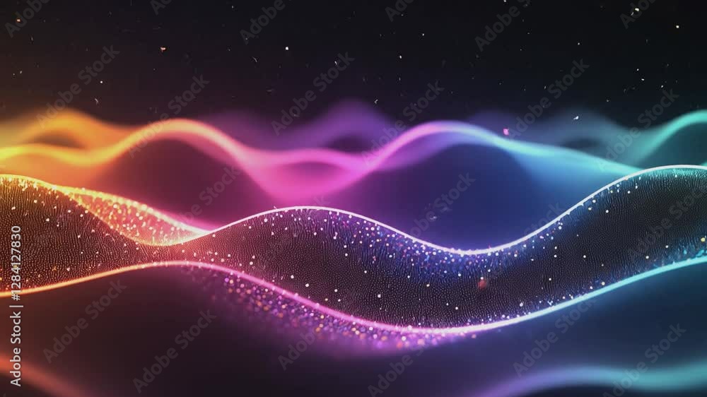 Abstract Luminescence: An ethereal display of vibrant, undulating waves of color, infused with shimmering particles against a dark backdrop, creates a captivating visual journey. Abstract Luminescence: An ethereal display of vibrant, undulating waves of color, infused with shimmering particles against a dark backdrop, creates a captivating visual journey.