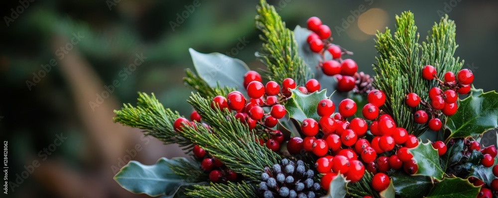 Festive holiday arrangement with red berries, pinecones, and greenery Festive holiday arrangement with red berries, pinecones, and greenery