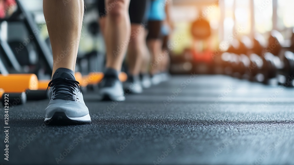 Fototapeta premium Close Up of Athletic Feet Moving on Gym Rubber Flooring During a Workout Session : Generative AI