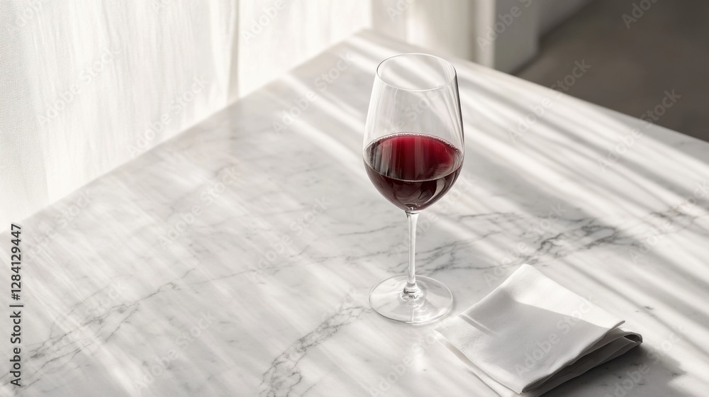 A sleek glass of red wine on a marble table with sunlight streaming through a window. Featuring moderate drinking and refined simplicity A sleek glass of red wine on a marble table with sunlight streaming through a window. Featuring moderate drinking and refined simplicity