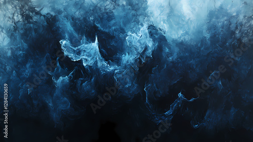 Ethereal blue smoke hovering above a mysterious, inky black canvas, unknown, mysterious. Eerie Veil of the Unknown. Illustration photo