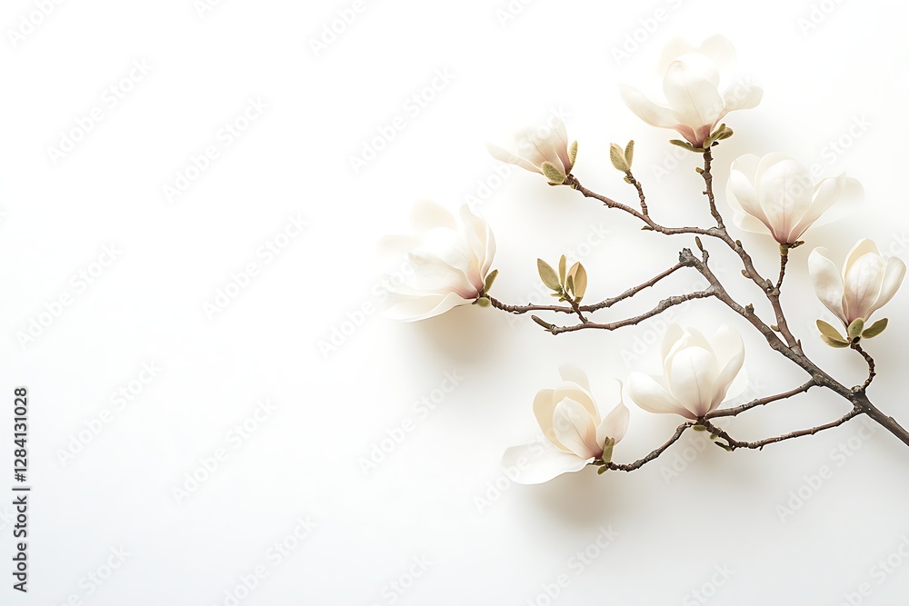 Fototapeta premium Delicate Magnolia Branch Against a Simple White Background
